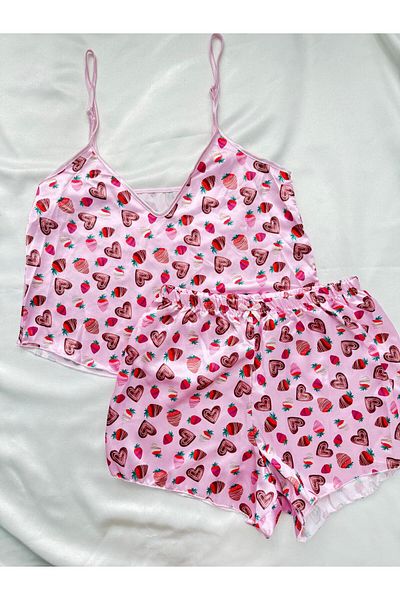 İNKO İÇ GİYİM Satin Patterned Adjustable Strap Shorts Pajama Set
