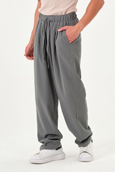 RELAXL %100 Pamuk Hafif Kumaş Bol Paça Yazlık Pantolon Koyu Gri