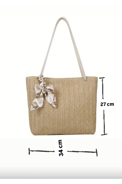 Tudivanyu Aksesuar Woven Straw Magnetic Closure Double Handle Beach Bag