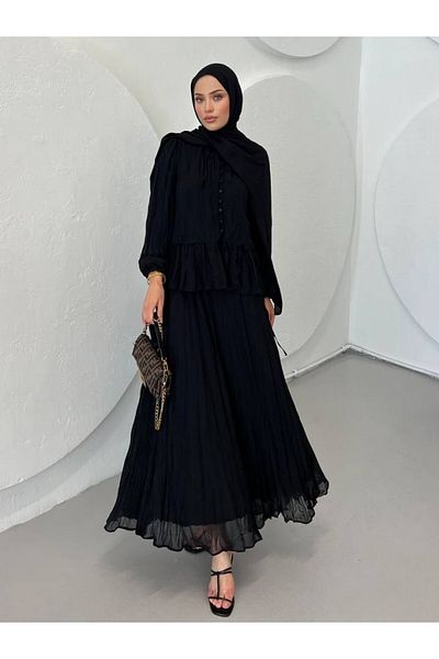 Modamorfo بدلة شيفون بأزرار مكشكشة عند الرقبة - أسود