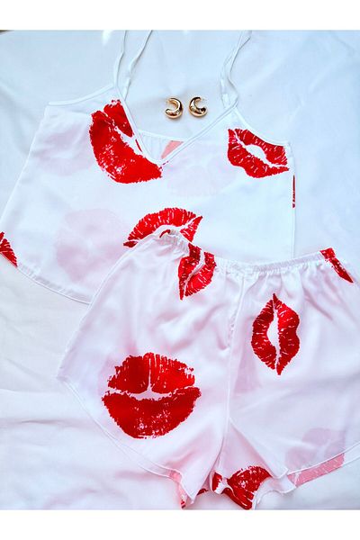 İNKO İÇ GİYİM Satin Patterned Adjustable Strap Shorts Pajama Set
