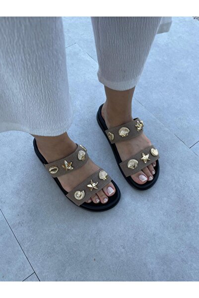 Elvinin Tarzı Zey Mink Suede Slippers with Accessory Detail