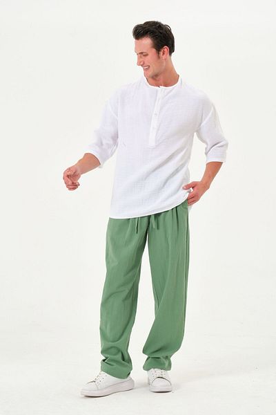 RELAXL 100% Cotton Light Fabric Wide Leg Casual Trousers Bntton Green