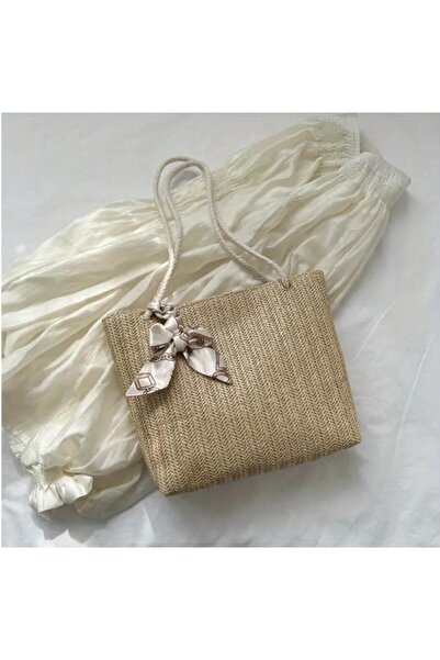 Tudivanyu Aksesuar Woven Straw Magnetic Closure Double Handle Beach Bag