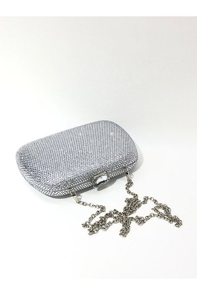 womenacs Silver Color Double Side Stone Material Evening Dress Portfolio Clutch Wedding Engagement Henna Evening Bag