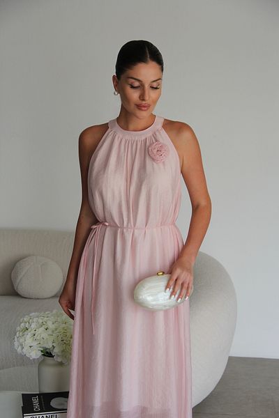 Julidress Pink Rose Detailed Belted Halter Neckline Lined Premium Slim Dress