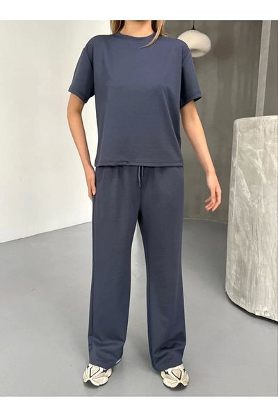 CanselButik Osy Modal Soft Textured Fabric Short Sleeve Blouse Comfortable Pants Pair Set - Smoked