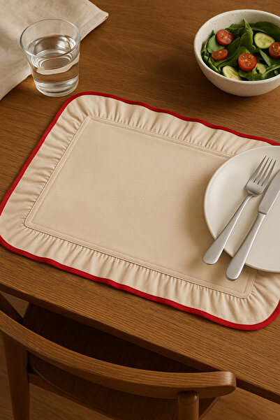 Kitchen Damys 6'lı Kırmızı Biyeli Fırfırlı Dikdörtgen Amerikan Servis – Krem Kumaş Supla Enerjik Sofra Dekoru
