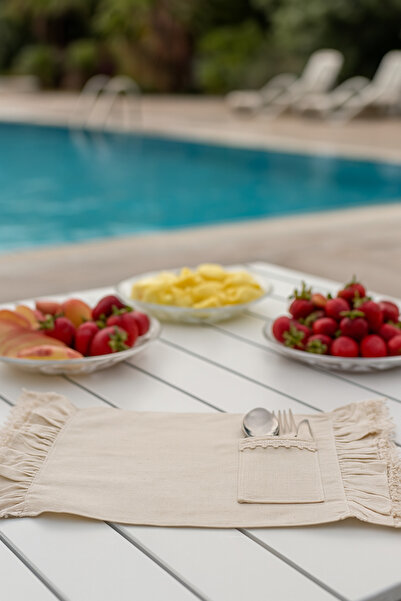 h homerest Kaşıklı Dantelli Çift Fırfırlı Kumaş Amerikan Servis - Krem Rengi Dikdörtgen Supla