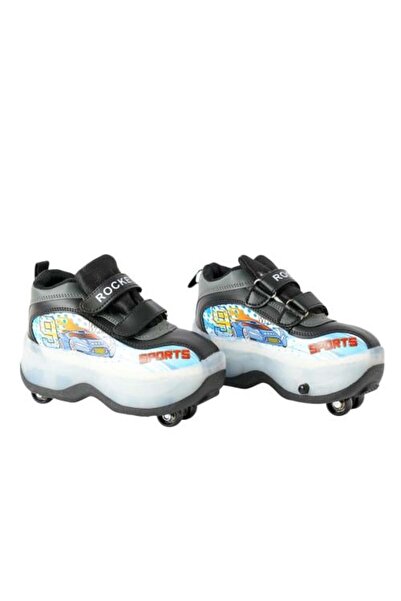 N2Y حذاء تزلج جلدي للأطفال بعجلات - أسود وأزرق، مقاس 28