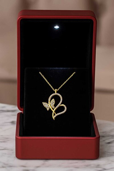 KAR DİAMOND 925 Ayar Gümüş Altın Kaplama Zirkon Taşlı Kelebek Kalp Kolye - Se...