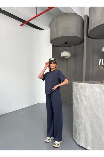CanselButik Osy Modal Soft Textured Fabric Short Sleeve Blouse Comfortable Pants Pair Set - Smoked