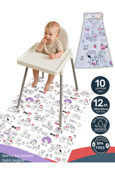 Tinyup 100x120 cm Tek Kullanımlık Mama Sandalyesi Altı & Aktivite Örtüsü – 10 adet Sıçrama Koruyucu Matı