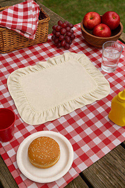 h homerest Pileli Kenar Kumaş Amerikan Servis - Dikdörtgen Krem Rengi Dekoratif Supla