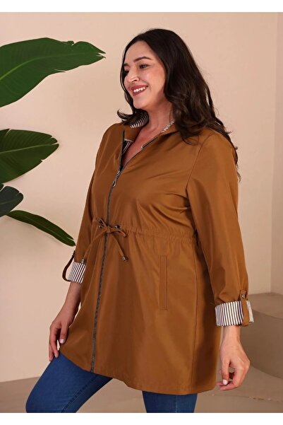 kaes giyim Kadin Kisa Tesettur Trenckot Buyuk Beden Fermuarlı Trenc