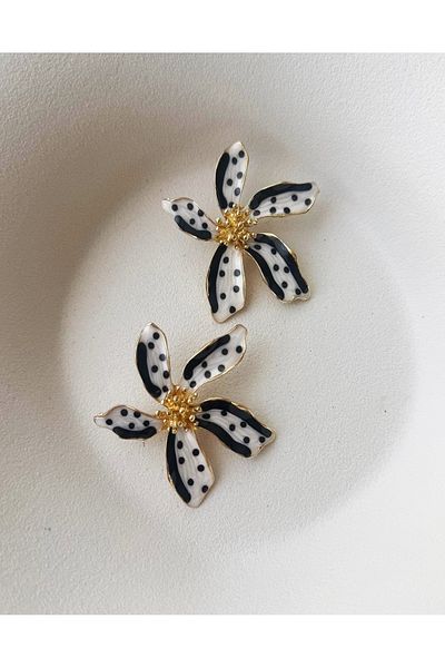 mos&more Black White Polka Dot Flower Summer Fashion Stylish Women's Earrings-Large