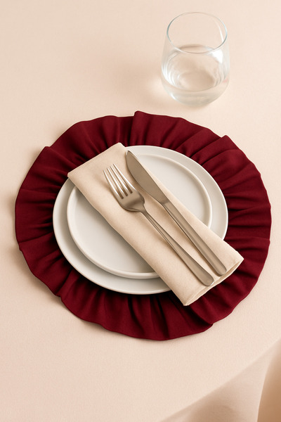 h homerest Keten Fırfırlı Yuvarlak Supla 40 cm | Bordo Şık Amerikan Servis | Davet Sofrası