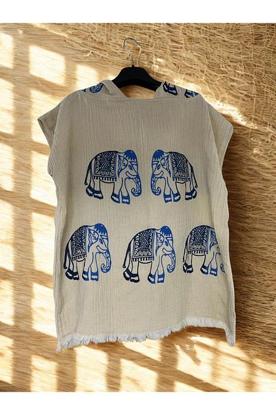 TekStilize Muslin Elephant Patterned Children's Poncho 8-12 Years (100% Cotton)