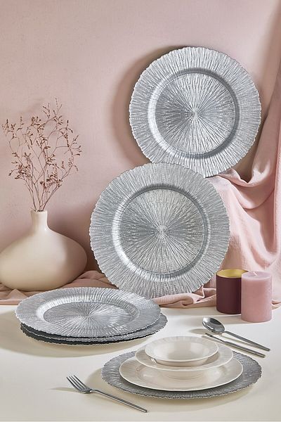 Lora Bianca Royal 6-Piece Silver Glass Supla Plate Set 32 cm