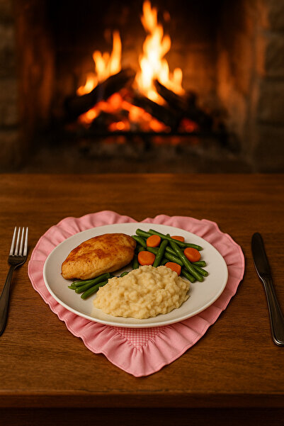 Kitchen Damys 2'lı Pembe Pötikareli Kalp Şeklinde Fırfırlı Amerikan Servis – Romantik Sofra Altlığı