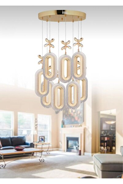 Litra Lighting Alfa Led 8'li Gold 3 Renk Modu Ledli Kristal Taşlı Modern Led Avize