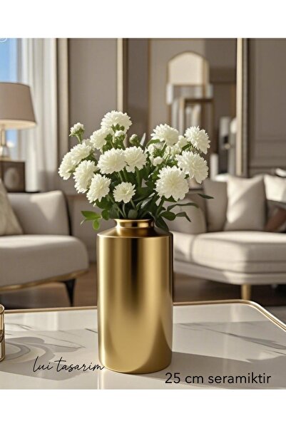 Lui Tasarım Bohem Tarzı Gold Rengi 25 cm Sade Seramik İskandinav Bohem Tasarım Otel Ofis Dekorasyon Vazo