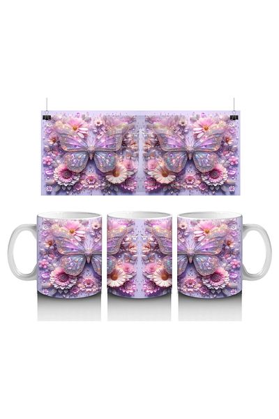 Luluyen Purple Butterfly Pair on Colorful Floral Pattern Background - Printed Coffee Mug