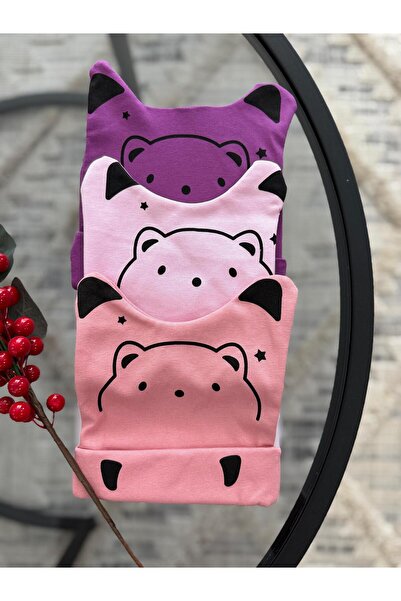 VANİLLİA Sevimli Ayıcık Desenli Unisex Bebek Şapka Bebek Bere 3'lü Set
