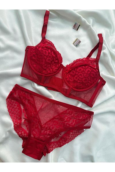 İNKO İÇ GİYİM Tulle Leopard Patterned Padded Bralet Panty Set