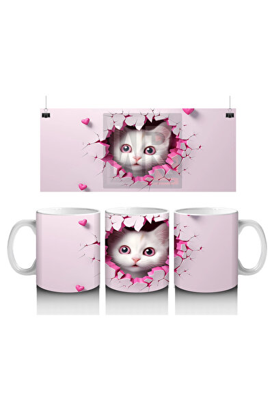 Luluyen Sweet Cat between Pink Heart Cracked Wall – Printed Coffee Mug