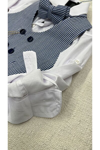 Carinos kids erkek çocuk yelekli takım aksesuarlı çizgili keten kumaş