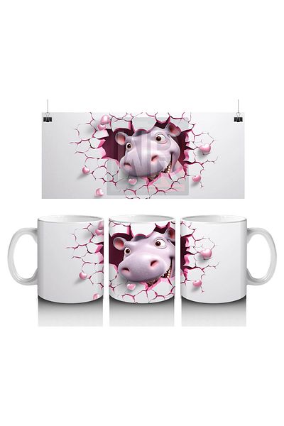 Luluyen Cute Hippo Looking Out of the Pink Cracked Floor - Printed Coffee Mug