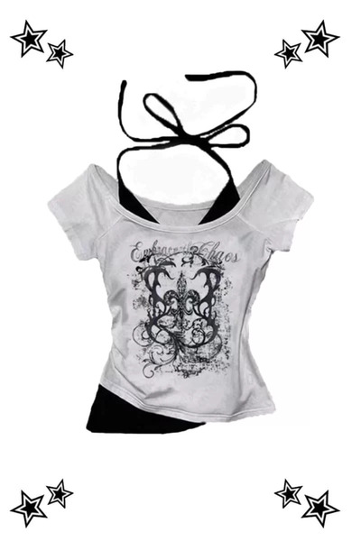 weywot White gothic embrace madonna collar ek strap y2k short sleeve crop