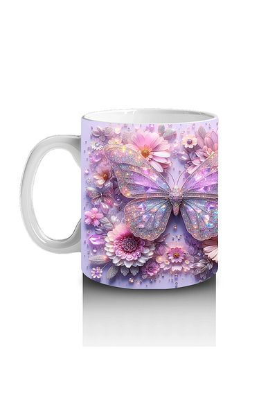 Luluyen Purple Butterfly Pair on Colorful Floral Pattern Background - Printed Coffee Mug