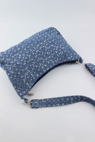İLKYAZ Țesătură din denim cu model Albastru închis Geantă de umăr pentru femei Baguette de dimensiuni mici 24x13x6 cm