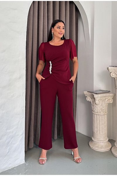 Butik Nilyam Femei Plus Size Decolteu șifon mâneci talie drapat cu detalii de piatră bluză pantaloni rochie de seară costum 24790