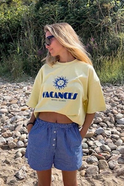 klovi Sarı Butter Yellow Lacivert Baskılı %100 Pamuklu T-shirt