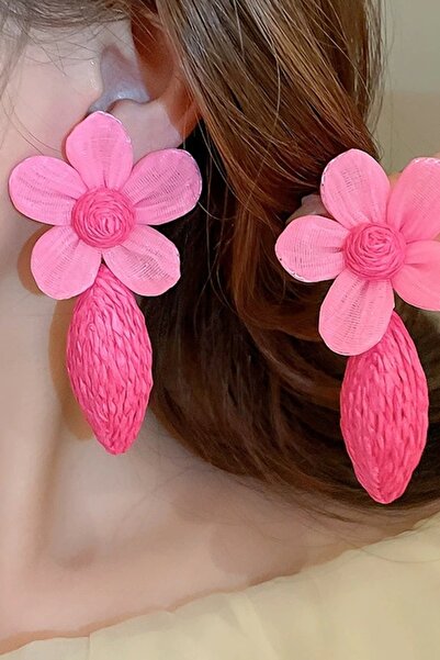 PRVT Bohemian Raffia Earrings with Pink Flower Detail - Summer Vacation Fashion