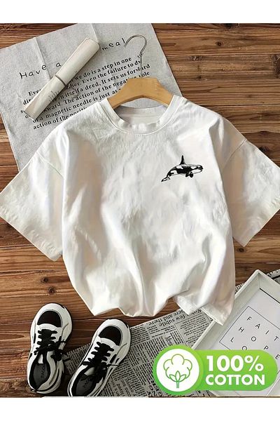 AEMİ Unisex Killer Whale Printed Oversize Crew Neck T-Shirt