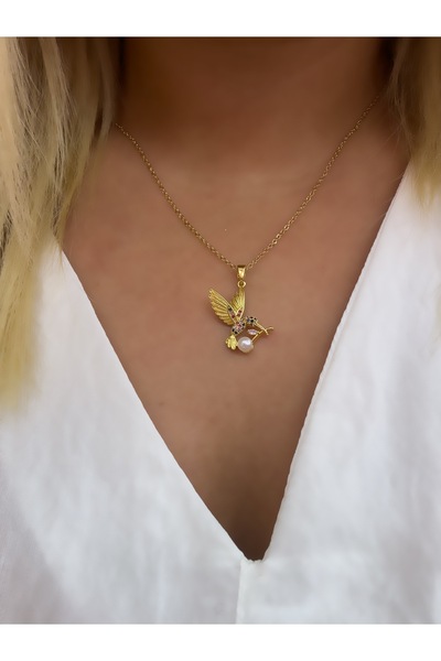 Hicrans Takı RENKLİ TAŞLI İNCİLİ LEYLEK MODEL GOLD ÇELİK KOLYE