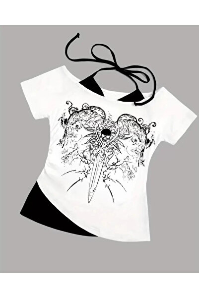 weywot Білий готичний скелетний комір з додатковими бретелями, короткі рукави, повний кроп-топ