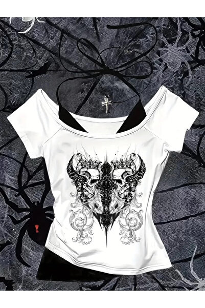 weywot Білий готичний ангельський комір, додаткові бретелі, короткі рукави, повний кроп-топ