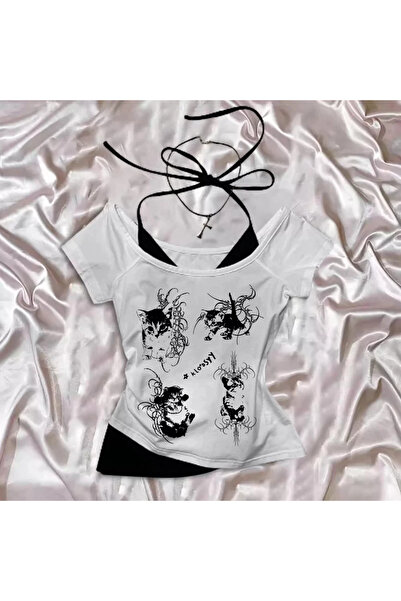 weywot Білий готичний комір з рукавами на бретельках, короткі рукави, повний кроп-топ