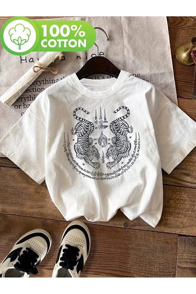 AEMİ Unisex Indian Tiger Tiger Printed Oversize Crew Neck T-Shirt