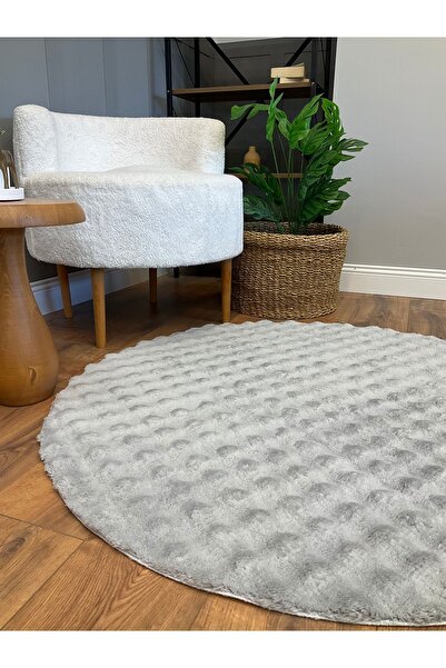 Lagom Life Açık Gri Yumuşak Yuvarlak Bubble Kaymaz Özel Taban Peluş Halı Yolluk