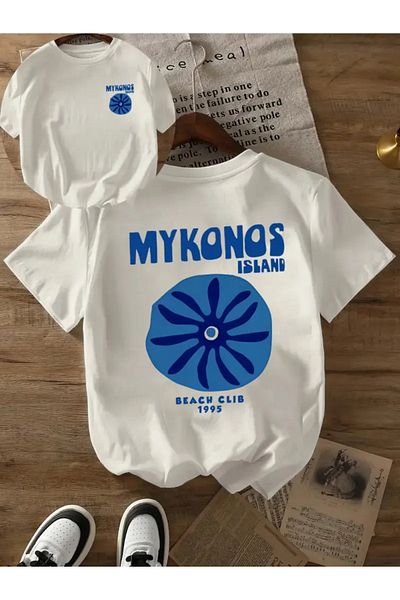 AEMİ Unisex Mykonos Island Printed Oversize Crew Neck T-Shirt