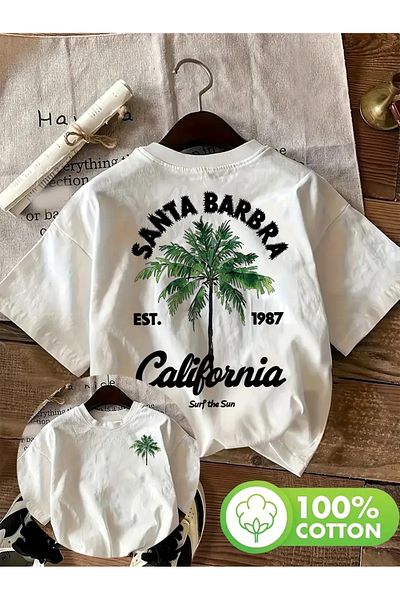 AEMİ Unisex Santa Barbra California Printed Oversize Crew Neck T-Shirt