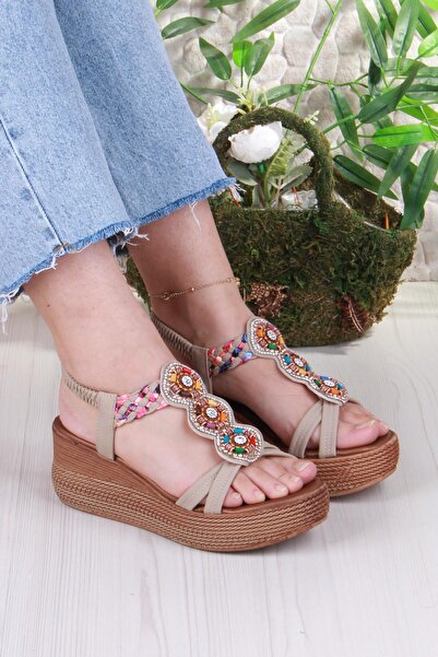 fort 5015 Fendi Taşlı Boncuklu Dolgu Taban Kadın Sandelet