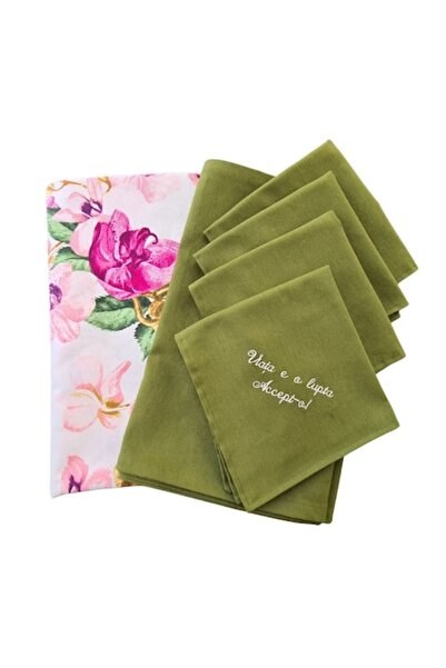 ARIALE Set fata de masa cu flori, 4 servetele brodate si traversa, bumbac, 11...