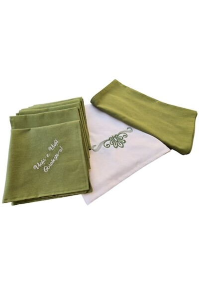 ARIALE Set fata de masa brodata, 6 servetele brodate si traversa, bumbac, 160...